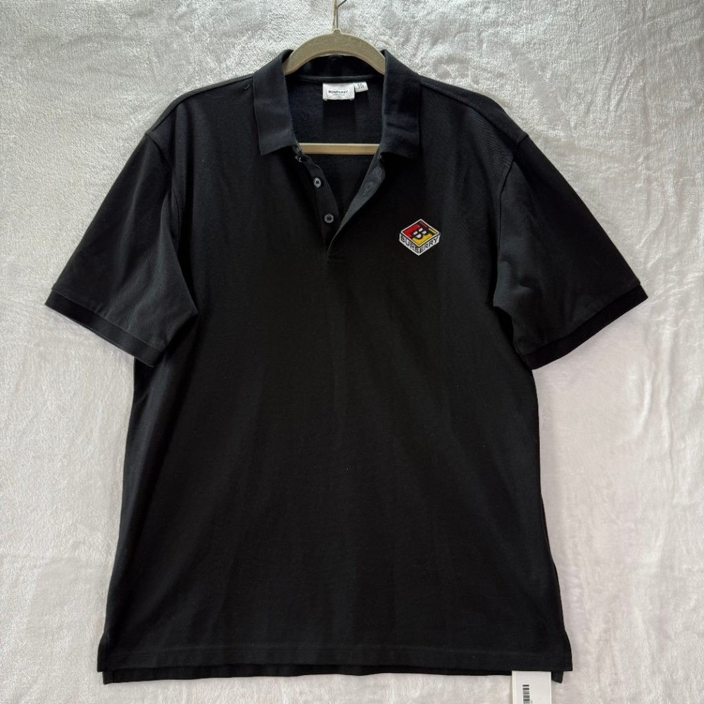 Burberry London England Mens XXL Black Cotton Pique Polo Shirt Logo Patch Italy - Picture 1 of 10